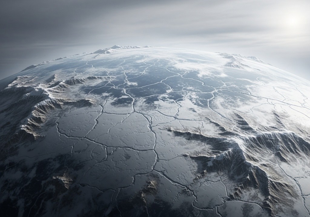 Snowball Earth or Snowball planet. In the picture Earth is seen from space. It is covered by ice all over.