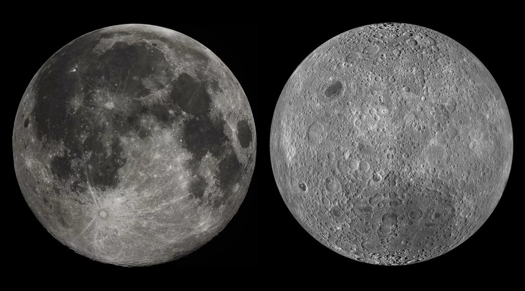 On the left is the near side of the moon, and you can see the flat-lying basins called maria. On the right is the far side of the moon, and it does not have the maria.