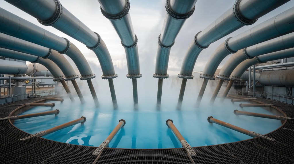 This is a photo of a geothermal plant. There are pipes going into a circular pool.