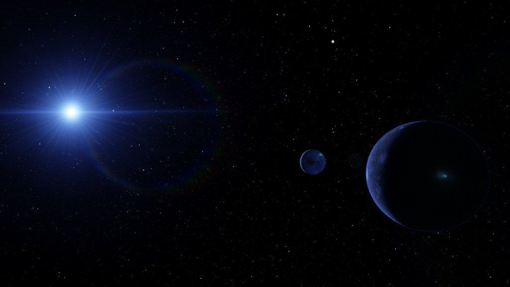 Bright white star with a planet and a moon.