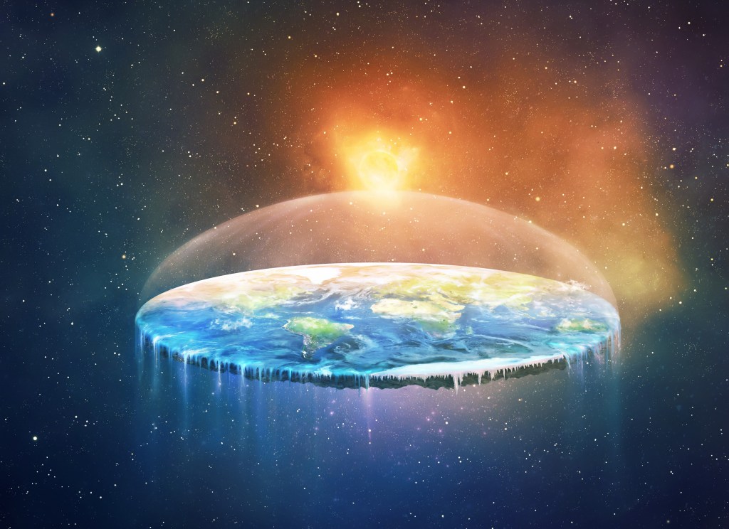 The picture shows a disk representing a flat Earth. A world map is on top of it and the sun is in the background.