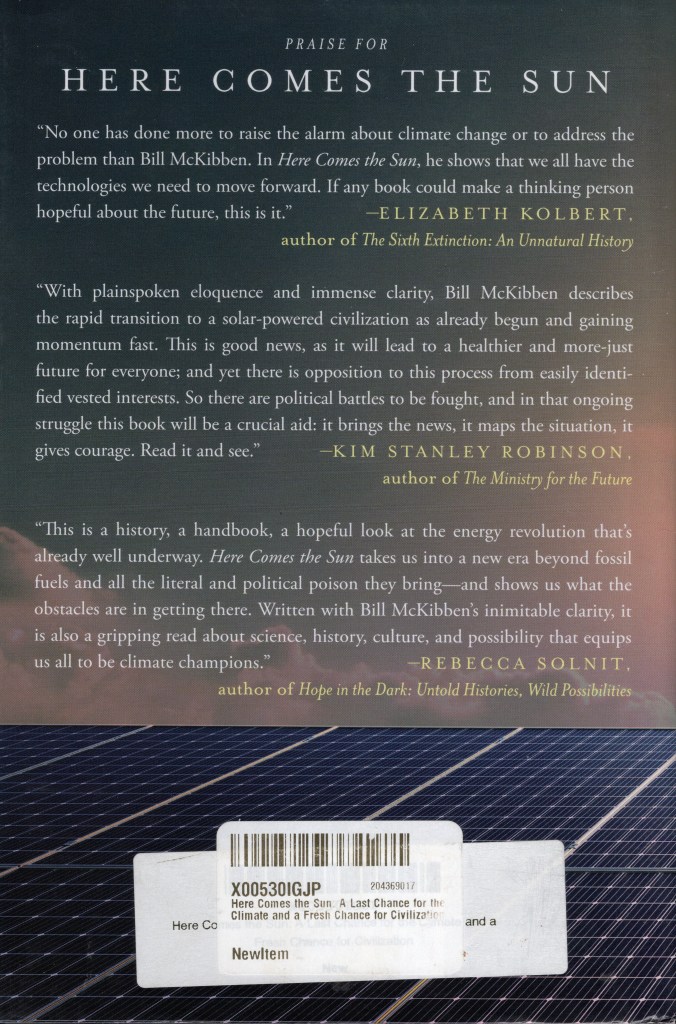 The back cover features praise for the book on a background of solar panels and a night sky.