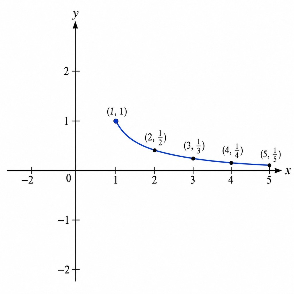 A coordinate system with the curve y = 1/x beginning at x = 1 and y =1.