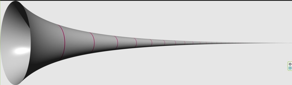 A trumpet looking shape with a decreasing thickness as you move right along the trumpet. It stretches out infinitely far.