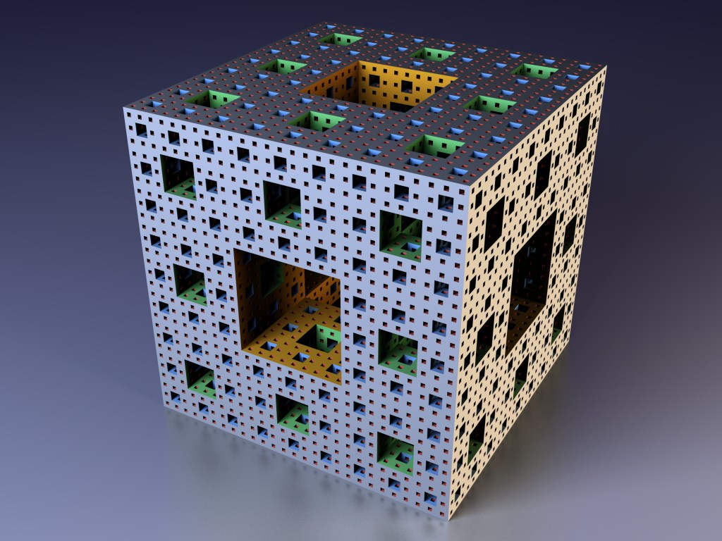 The picture shows a Menger Cube with square holes in its surface. There are also square holes inside the cube.
