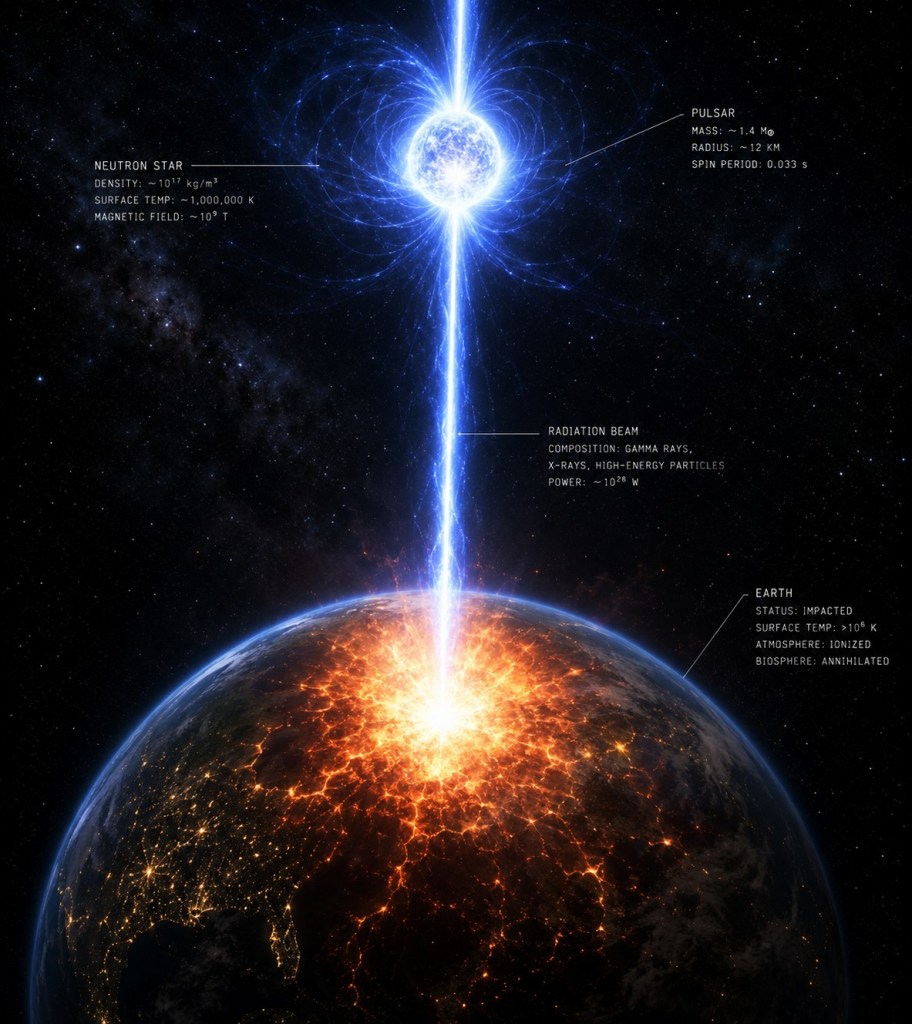 A blue pulsars / neutron star directs a beam toward earth and burns the surface.