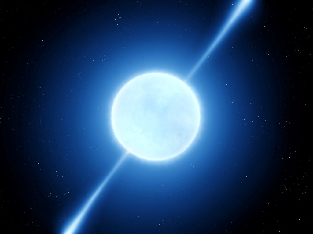 Blue neutron star on black background with two bright blue beams. Compact supermassive object.