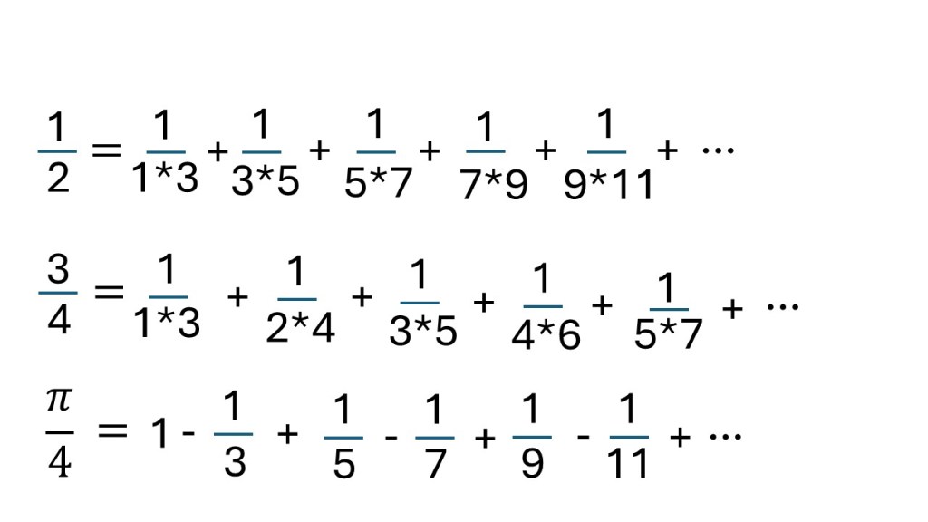 Three infinite series following very simple patterns. Two results in a simple fraction and the third yields the constant pi.
