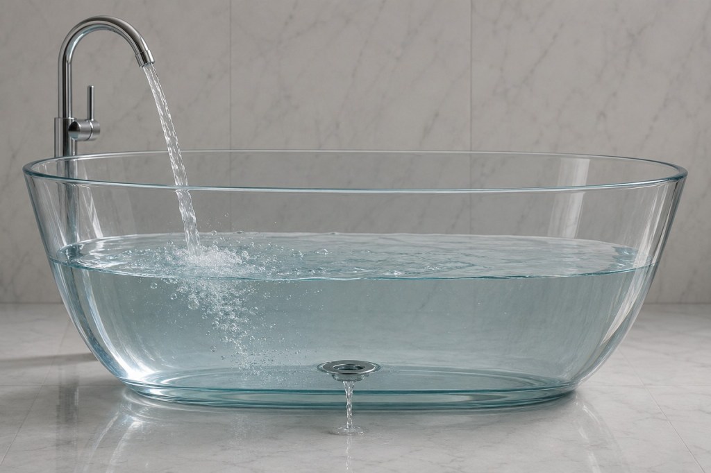 A faucet is filling up a transparent glass bathtub with water, and a drain is emptying it but much slower.