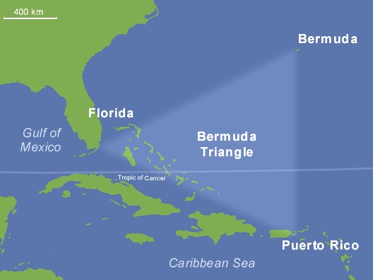 The Bermuda triangle has one corner in Bermuda, one in Puerto Rico and one around Miami, Florida. |  The Bermuda Triangle the Big Non-Mystery