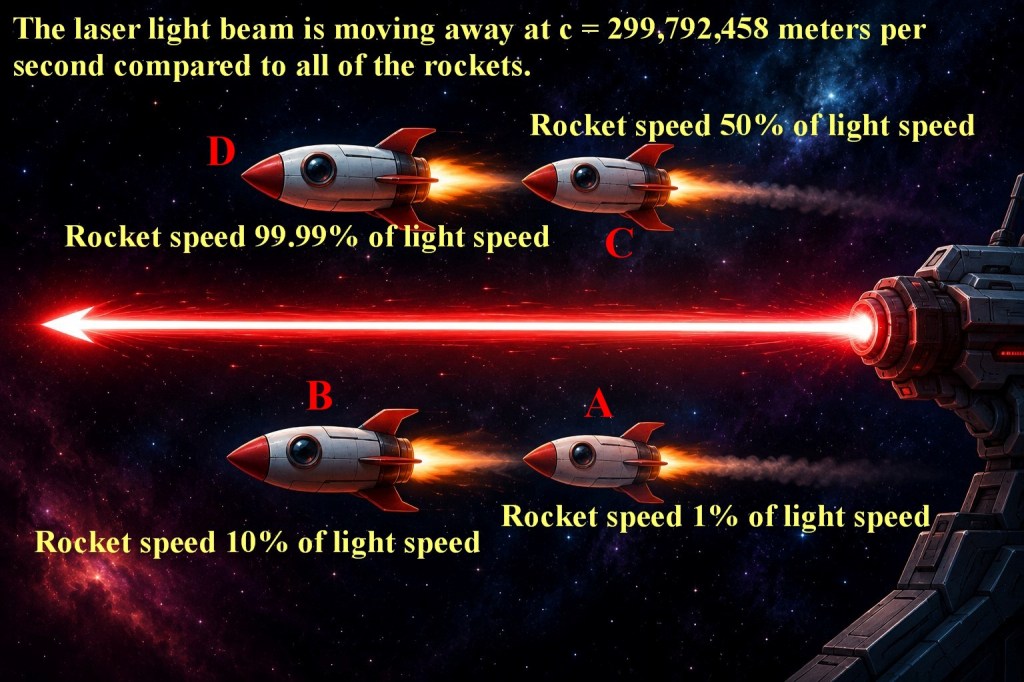 A spaceship on the right is shooting out a laser beam towards the left. Alongside the laser beam are four rockets trying to catch up with the light beam.