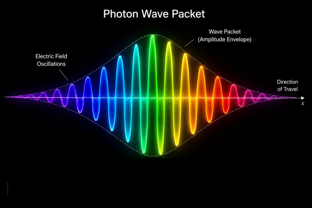 A colorful photon wave packet showing small amplitudes on the left, larger amplitudes in the middle and then small amplitudes on the right.