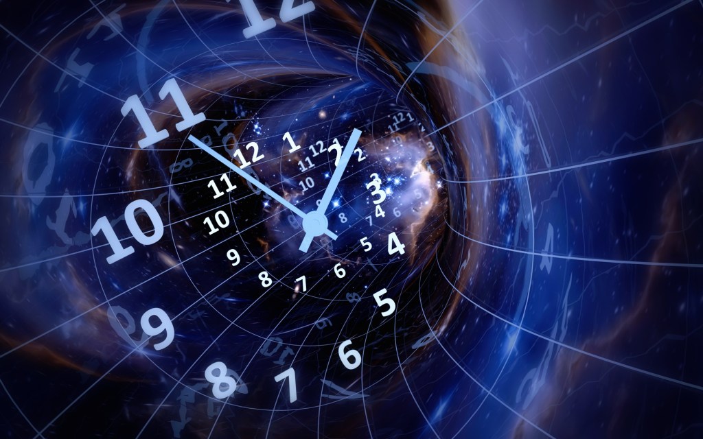 Clocks being sucked into a hole or possibly sped up into space.