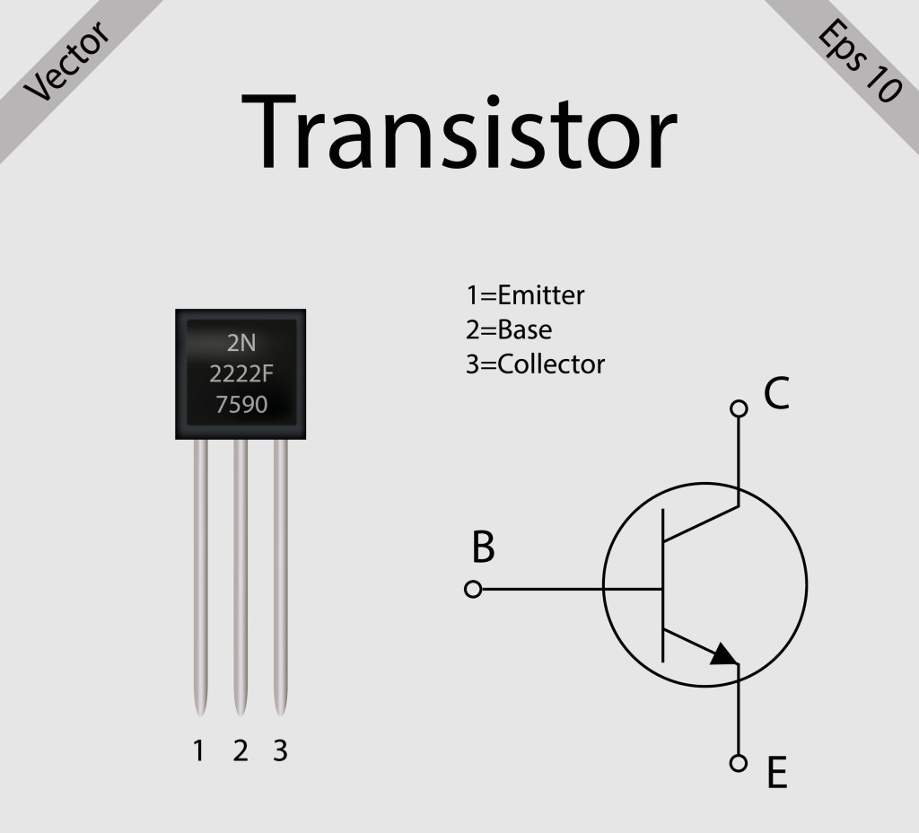 A large black transistor with its diagram. The diagram includes the base and the emitter and collector.