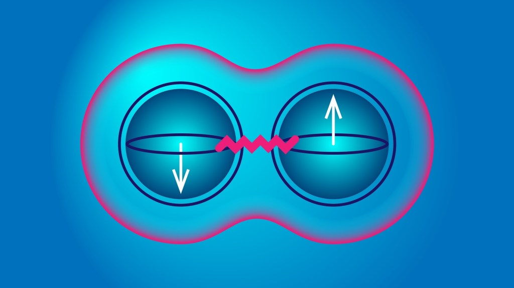 Entanglement of quantum qubits in superposition, schematic block spheres representation, two particles, one with spin up and one with spin down, measured state, visualization of concepts of quantum computing, vector illustration.