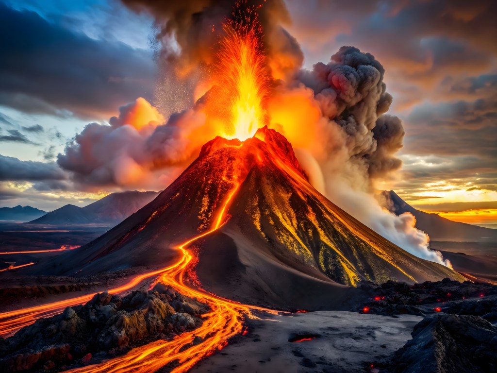 A black and orange colorful illustration of an erupting volcano.