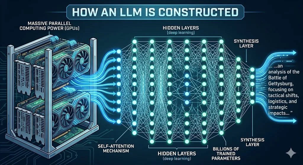 The diagram shows a deep learning neural network featuring hidden layers, a couple of input/output layers, and large computer.