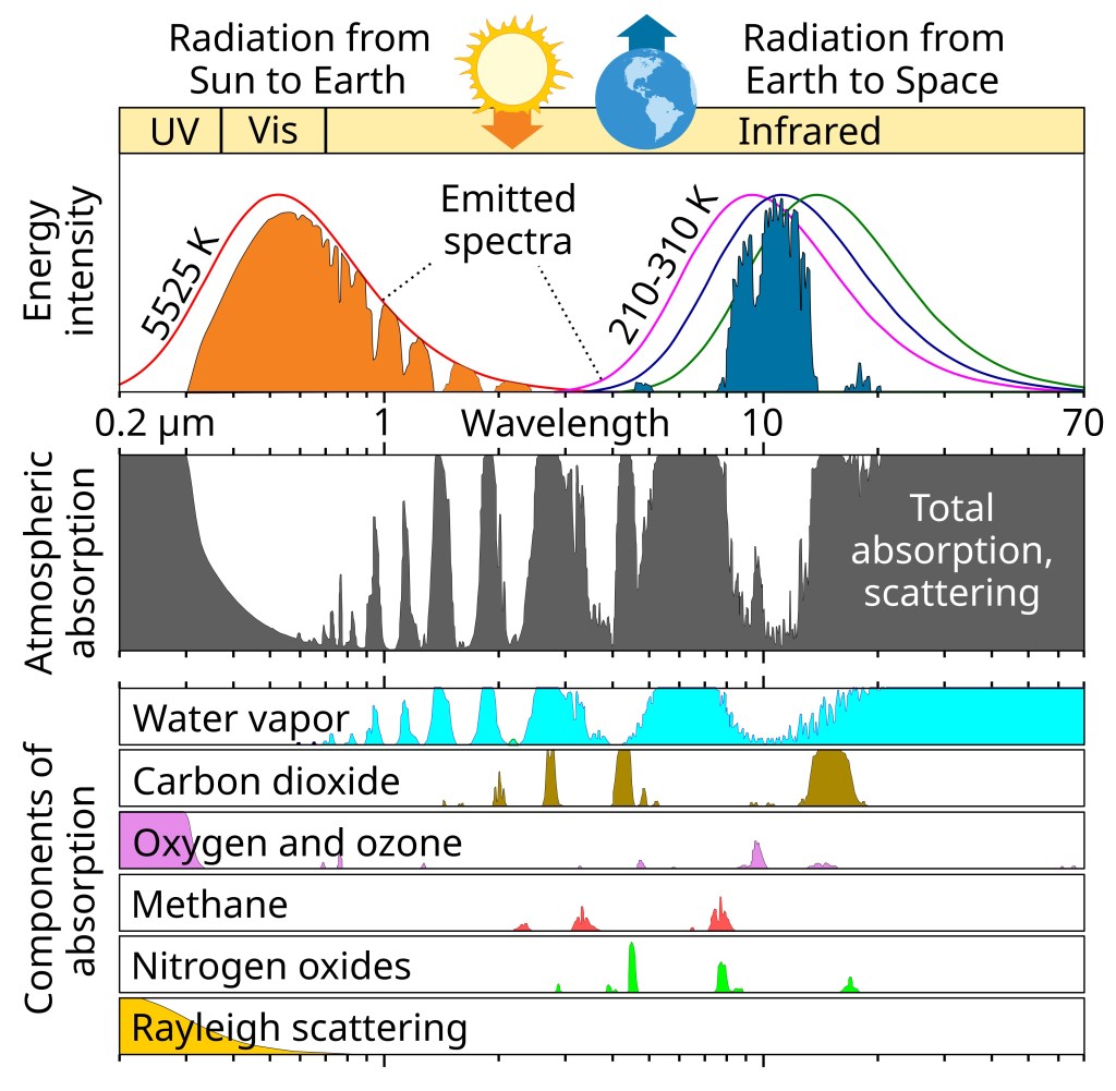 The illustration below shows the physical drivers of global warming that have happened so far. Carbon dioxide is a physical driver that will keep growing. Notice that water vapor is not listed. Water vapor is a powerful greenhouse gas but is not a physical driver of the rapid global warming that we are witnessing.
Aerosols are included and they tend to have a cooling effect rather than a warming effect. Therefore, many people are suggesting to, for example, use Sulphur dioxide to cool the atmosphere and counter global warming. The problem with that is that it is just a different type of pollution that has other negative effects, such as acid rain, it causes breathing difficulties and has other kinds of effects on climate that are not necessarily plain cooling effects. This is a hotly debated issue.