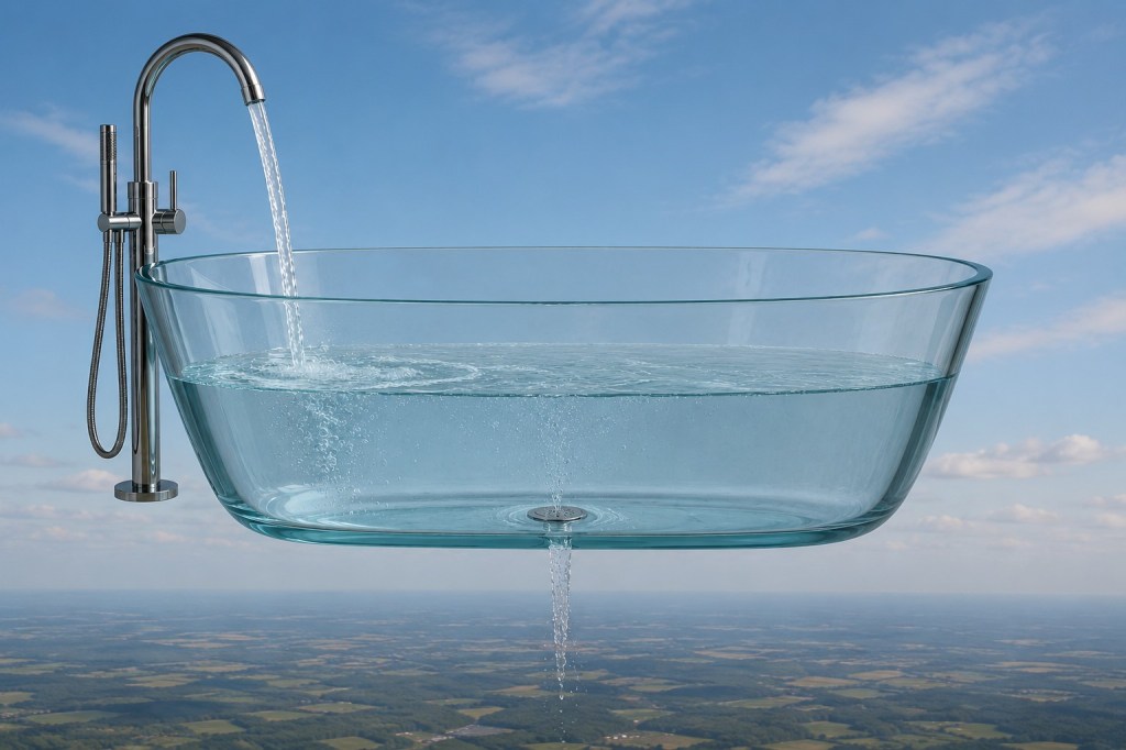 The picture shows a glass bathtub half filled with water. There are a faucet and a drain with the same flow keeping the water level the same.