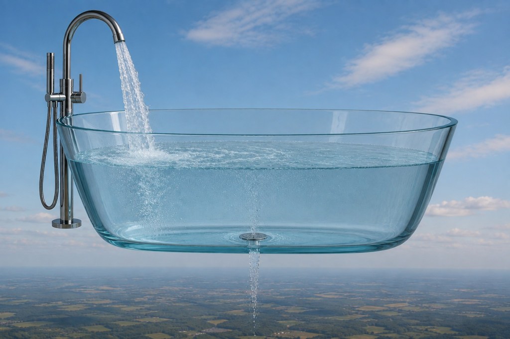 The picture shows a glass bathtub half filled with water. There are a faucet and a drain with the same flow keeping the water level the same.