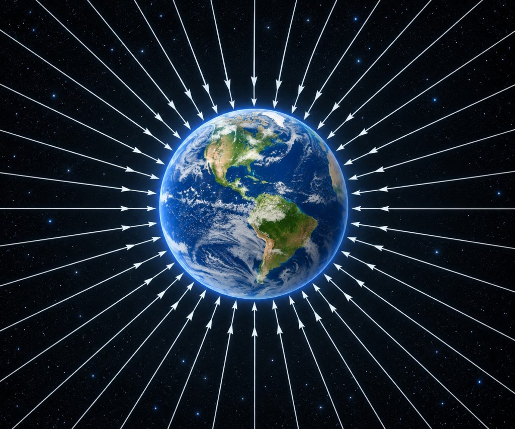 Gravity force field lines spreading out around Earth.