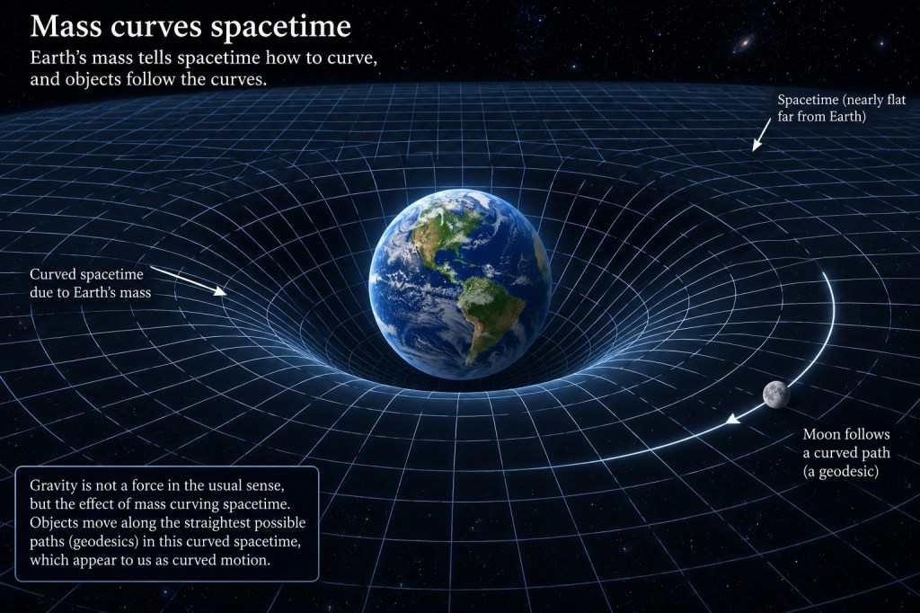 The picture depicts an Earth bending spacetime around it.