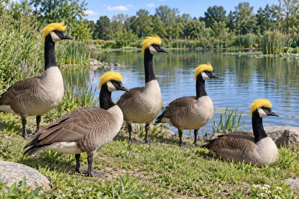 Five Canada Geese by a lake. They have yellow hair on top of their heads.