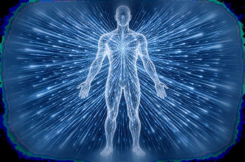 The picture shows a transparent glass like human body and thousands of racing particles passing right through the body.