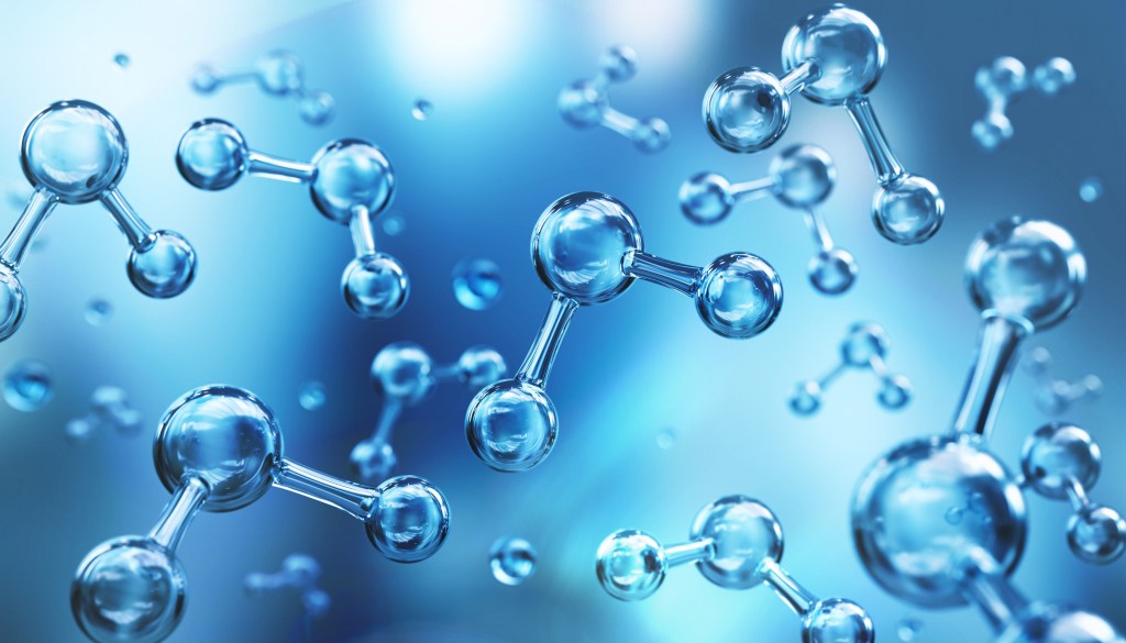 Several transparent water molecules floating around on a blue background. The atoms in the molecules look like glass balls.