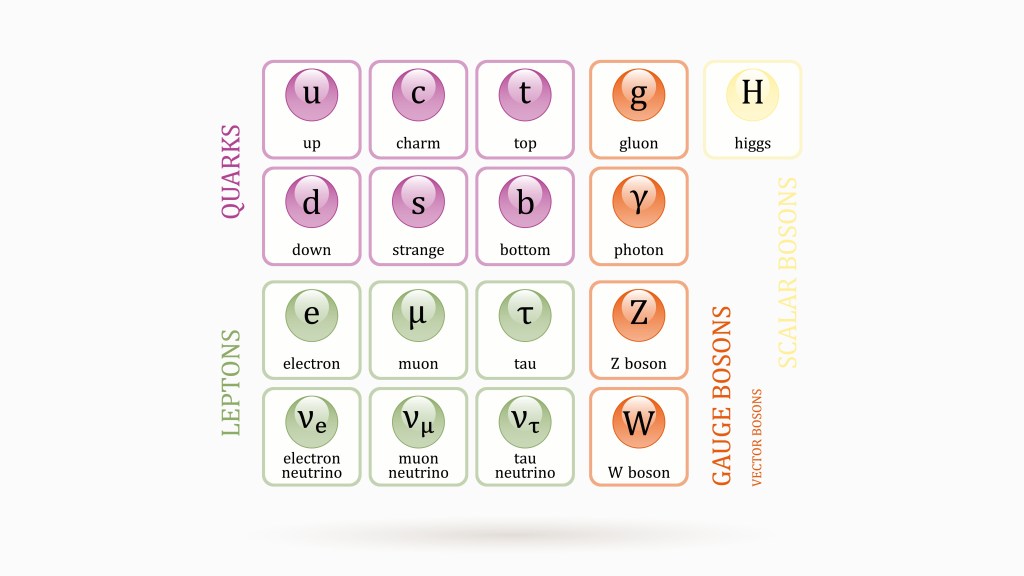 The illustration is a map of the 17 fundamental particles, but the anti-particles are not included. There are six leptons including the electron and neutrino, six quarks, and five bosons, the photon, gluon, Z Boson, W Boson, and the Higgs Boson.