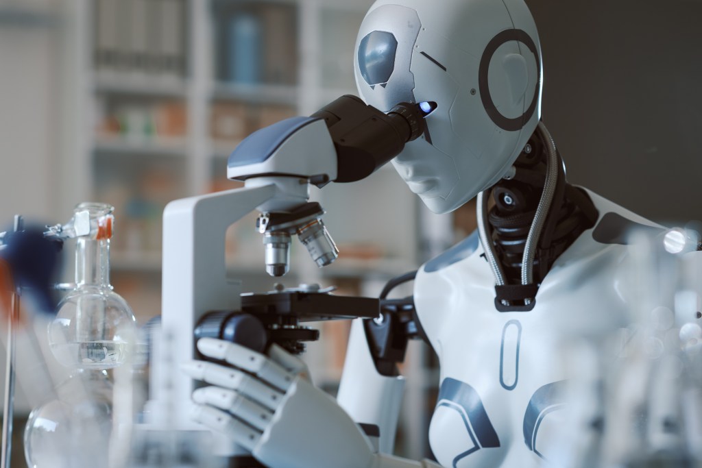 White female AI robot using a microscope in the scientific laboratory.
