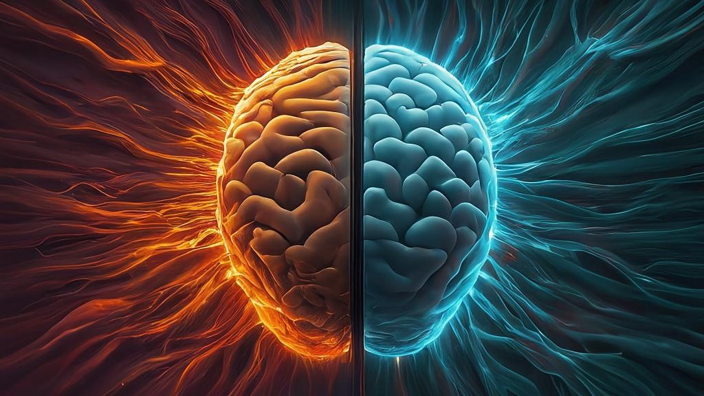A left brain in orange and right brain in blue. The entire brain is surrounded by what looks like electricity.