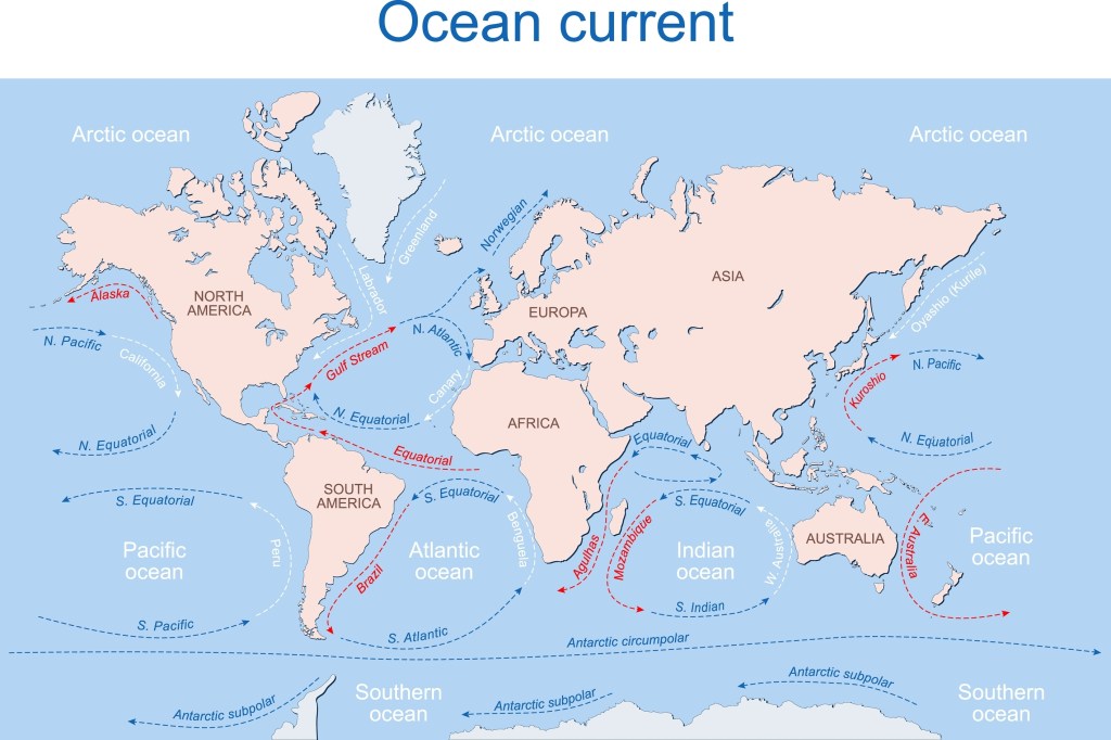The picture shows a typical world map but with the various ocean currents marked with red or blue.