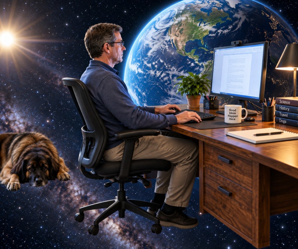 Picture shows a man and his dog sitting in front of a computer. Earth and the sun are in the background.