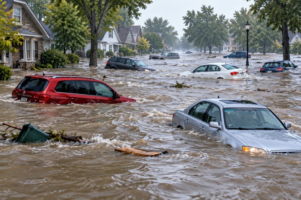 The picture shows a severely flooded suburban street with cars floating around.