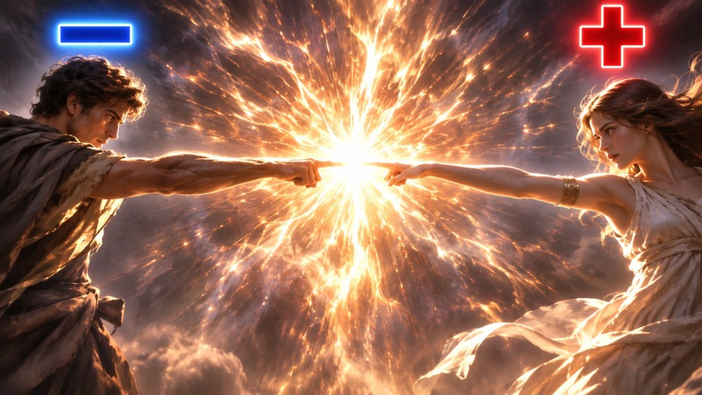 A man with a blue minus sign above his head and a woman with a red plus sign above her head. They symbolize matter and anti-matter. They are touching each others index fingers as a bright explosion takes place.