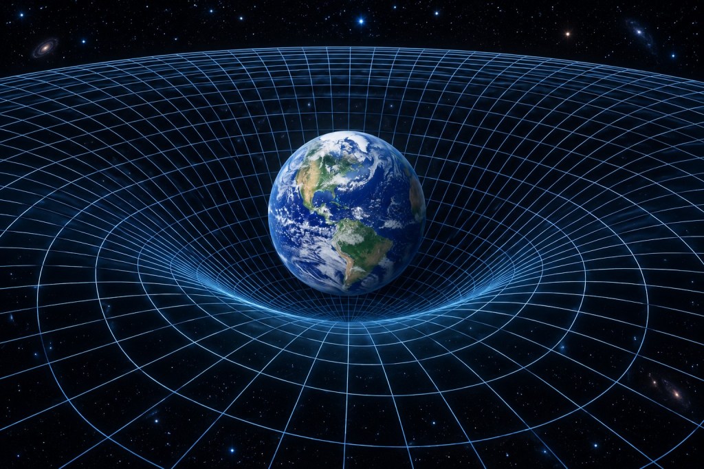The picture shows planet Earth in the middle surrounded by a bent grid with Earth in a gravity well.