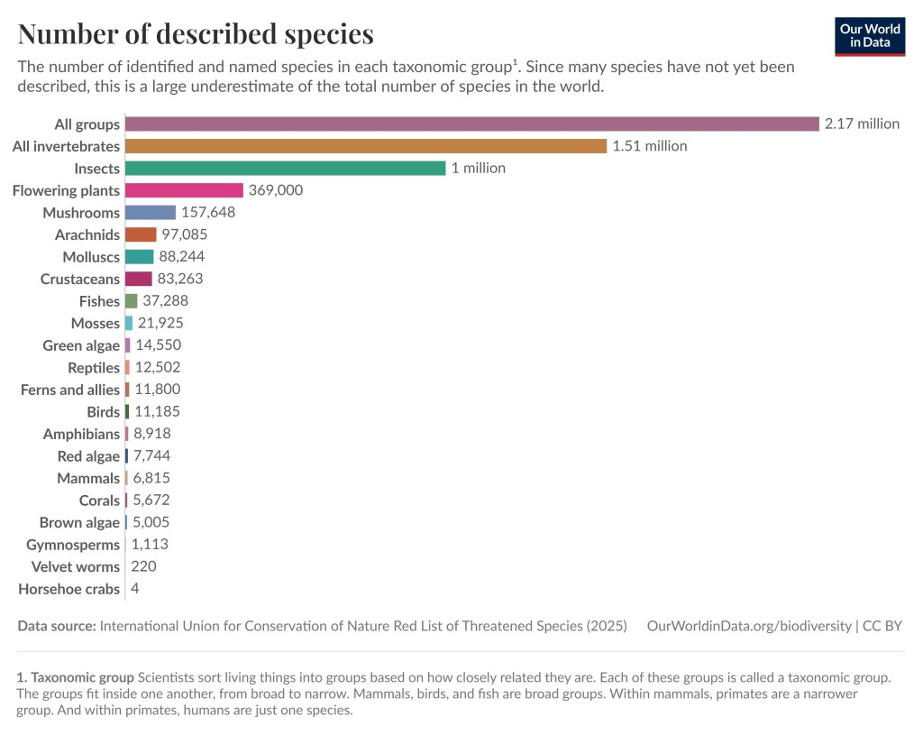 This bar graph feature ten taxonomic groups; Insects (1 million species), Flowering plants (369,000 species), Mushrooms (157,648 species), Arachnids (97,085 species), Molluscs (88,244 species), Crustaceans (83,263 species), Fishes (37,288 species), Mosses (21,925 species), Green algae (14,550 species), Reptiles (12,502 species), Ferns and allies (11,800 species), Birds (11,185 species), Amphibians (8,918 species), Red algae (7,744 species), Mammals (6,815 species), Corals (5,672 species), Brown algae (5,005 species), Gymnosperms (1,113 species), Velvet worms (220 species), Horshoe crabs (4 species), All invertebrates (1.51 million species), All groups (2.17 million species).