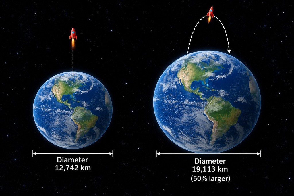 The picture shows a smaller Earth on the left and a bigger Earth on the right. Above the smaller Earth you see a small red rocket lifting up. Above the bigger Earth you see a small red rocket falling back down.
