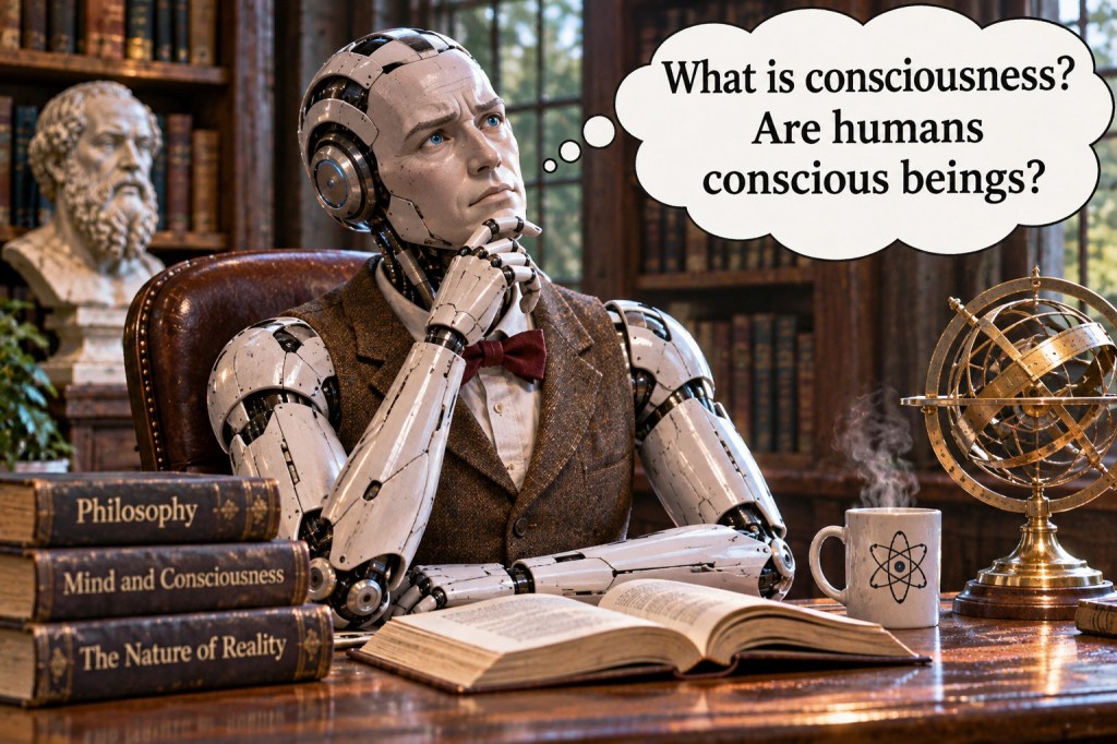 Robot sits at a desk, and he is thinking “What is consciousness? Are humans conscious beings?” He has books on advanced topics on his desk.