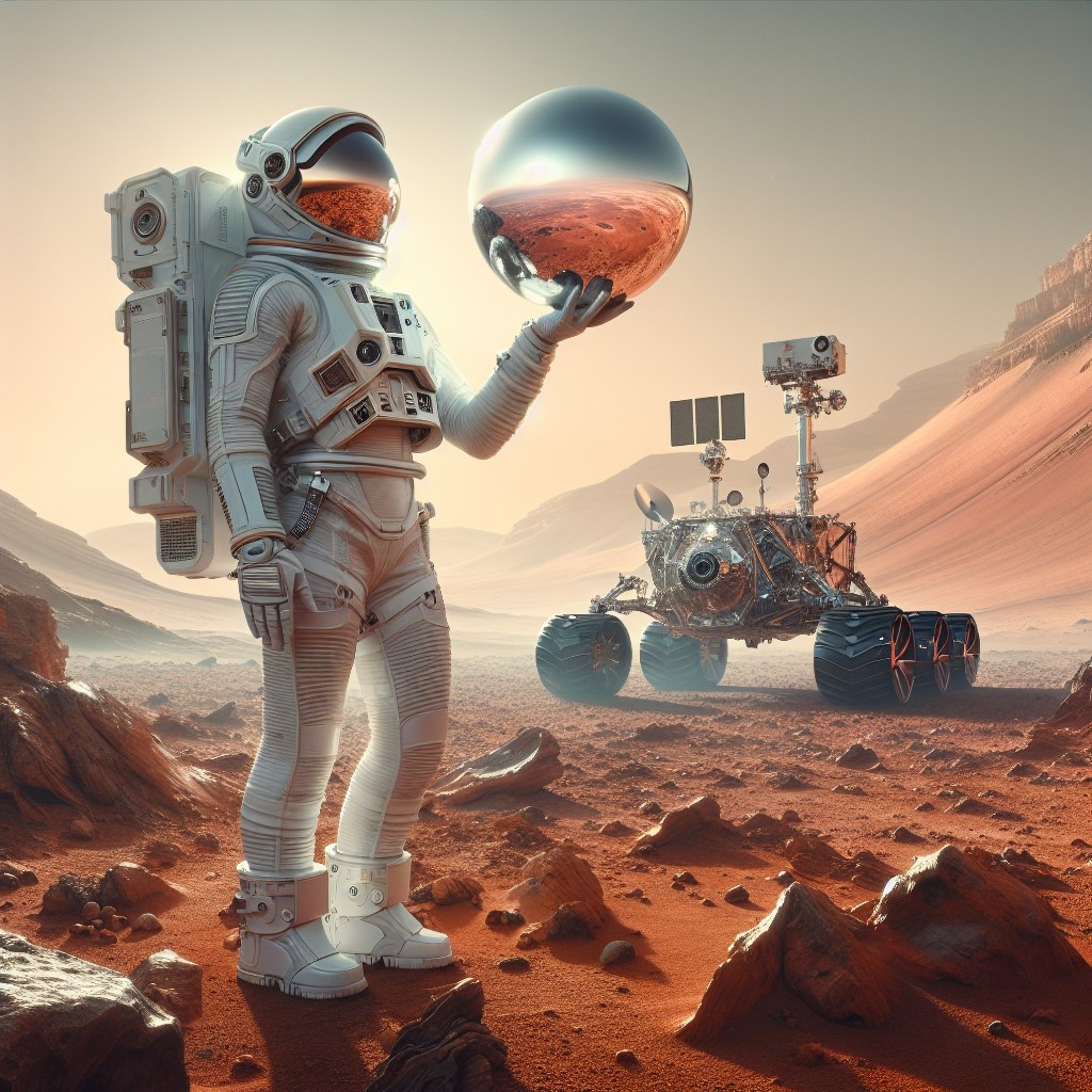 A realistic photograph of an astronaut standing on the surface of Mars, wearing a white space suit with reflective visor. The astronaut is holding a shiny silver sphere in one hand, which reflects the reddish Martian landscape. In the background, a Martian rover with visible details of its wheels and instruments rests on the rocky, dusty terrain. The red-orange soil and rugged landscape stretch into the distance under a pale, hazy sky. Hyper-realistic, sharp details, cinematic composition, vibrant colors, and immersive atmosphere.