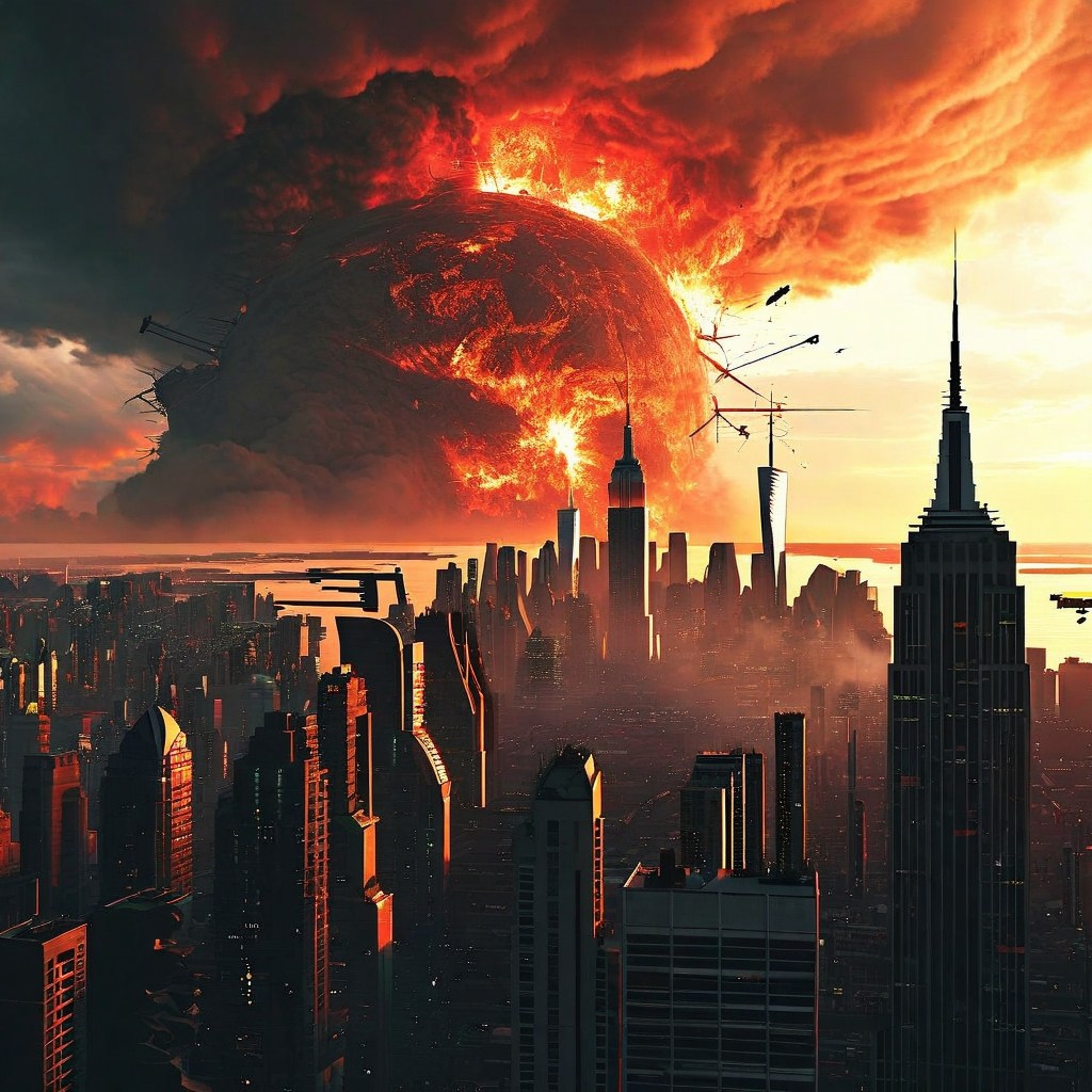 A gigantic explosion resembling a large nuclear bomb near a city. A tiny amount of matter and anti-matter annihilating could cause this.