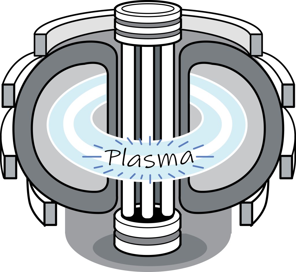 The picture shows light blue plasma shaped like a donut inside a metal confinement shield that is shaped like a sphere with a donut shaped hollow.